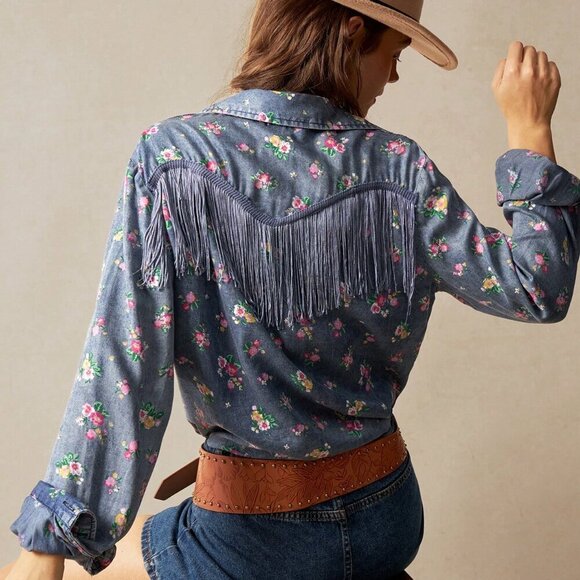Dark Wash Casual Women's Western fringe floral Printed Loose button down Shirt - Picture 6 of 7